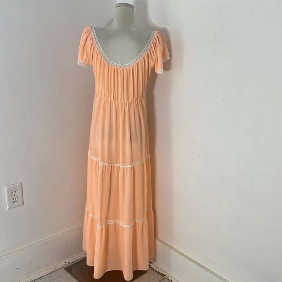 Vintage 70s Hippy Prairie Nylon Nightgown Dress Neon Light Peach Size M/L - Picture 4 of 4